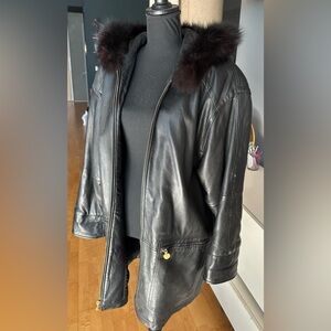 Vintage Oversized Black Leather Jacket with Fur Hood